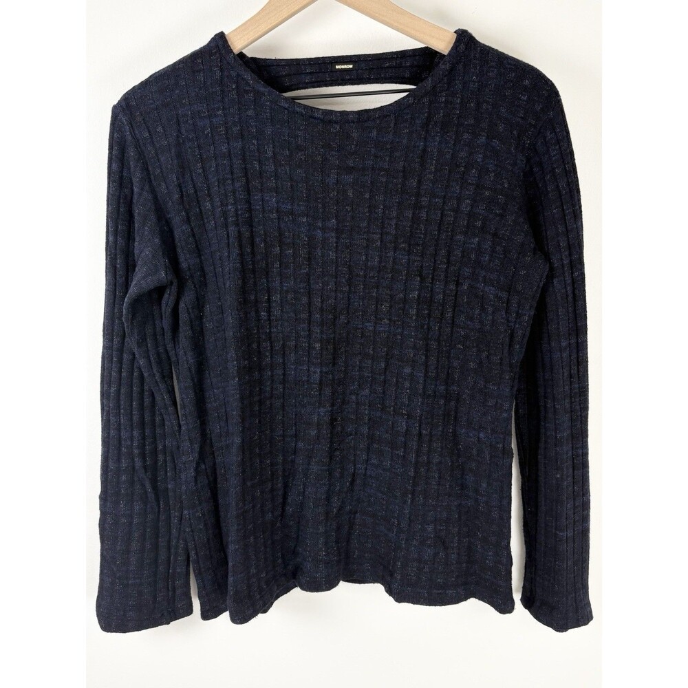 Monrow Open Back Long Sleeve Sweater (Sz M) Blue Ribbed Knit Made In USA